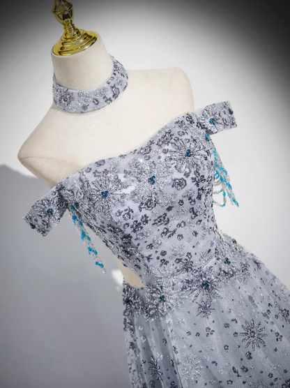 Gray A-line Off-shoulder Tulle Long Prom Dress, Gray Evening Dress ED0963