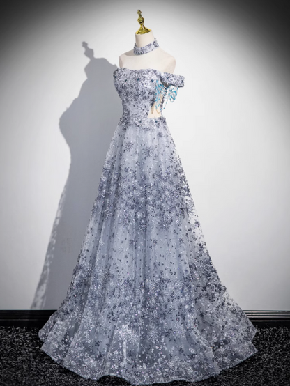 Gray A-line Off-shoulder Tulle Long Prom Dress, Gray Evening Dress ED0963