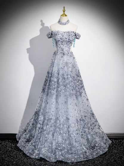 Gray A-line Off-shoulder Tulle Long Prom Dress, Gray Evening Dress ED0963