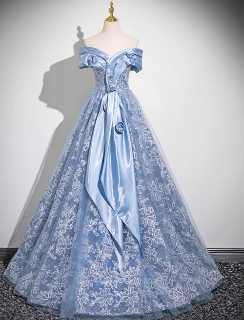 Blue A-line Off-shoulder Tulle Satin Long Prom Dress, Blue Evening Dress ED0965