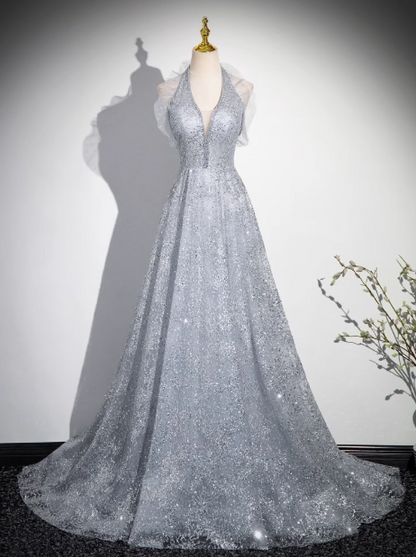 A-line V-neck mesh sequin long prom dress, evening dress ED0967