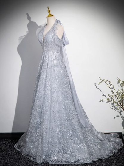 A-line V-neck mesh sequin long prom dress, evening dress ED0967