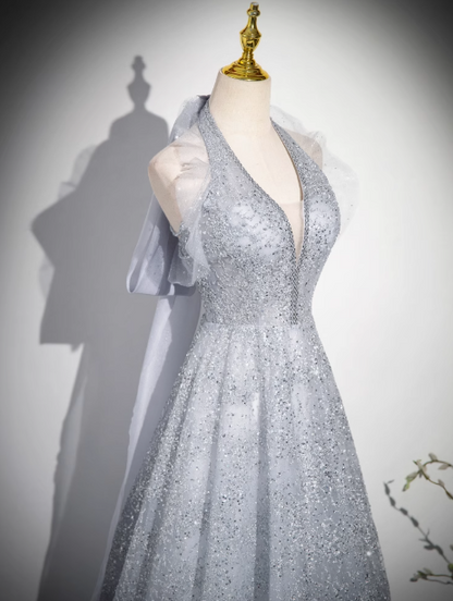 A-line V-neck mesh sequin long prom dress, evening dress ED0967
