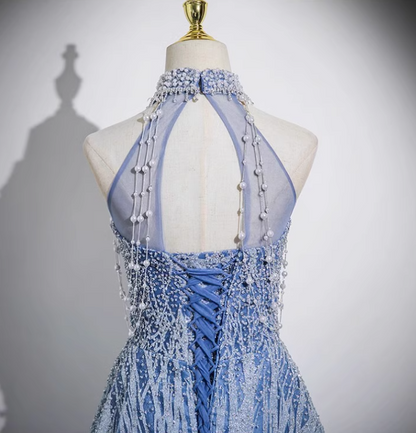 Blue A-line off-shoulder tulle beaded sequined long prom dress, blue evening dress ED0969