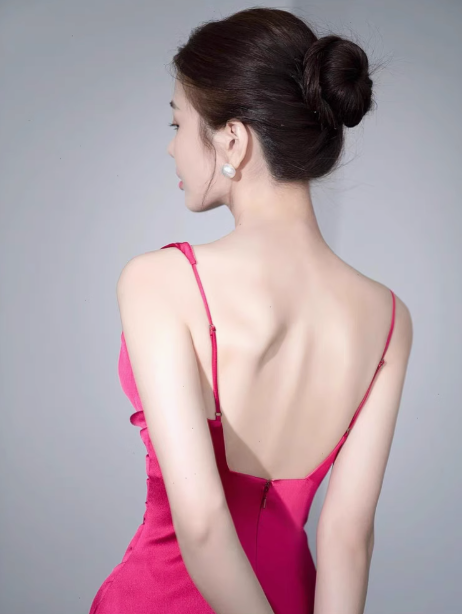 Rose red satin backless suspender dress ED0972