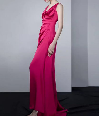 Rose red satin backless suspender dress ED0972