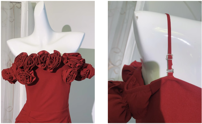 Burgundy 3D Rose Detachable Sling Dress ED0973