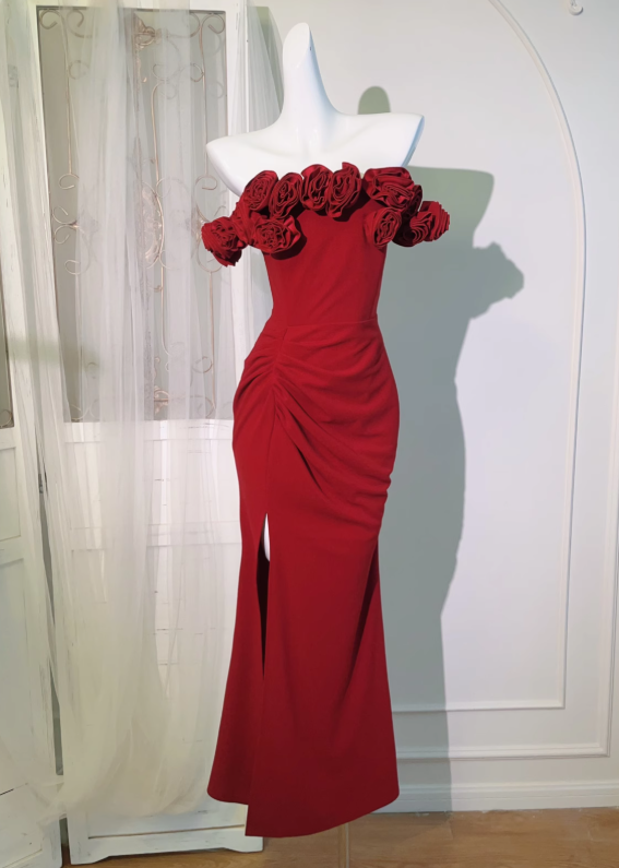 Burgundy 3D Rose Detachable Sling Dress ED0973