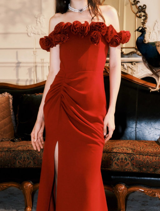 Burgundy 3D Rose Detachable Sling Dress ED0973