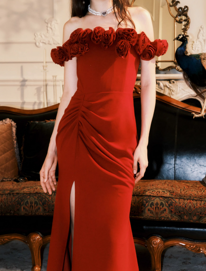 Burgundy 3D Rose Detachable Sling Dress ED0973