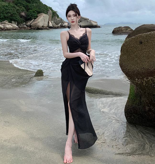 French retro lace seaside holiday purple dress ED0975