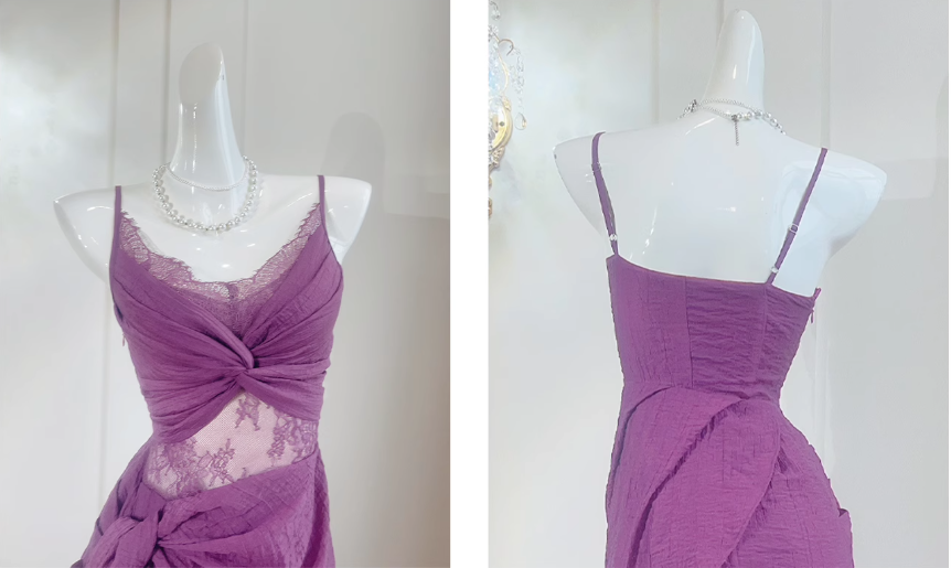 French retro lace seaside holiday purple dress ED0975