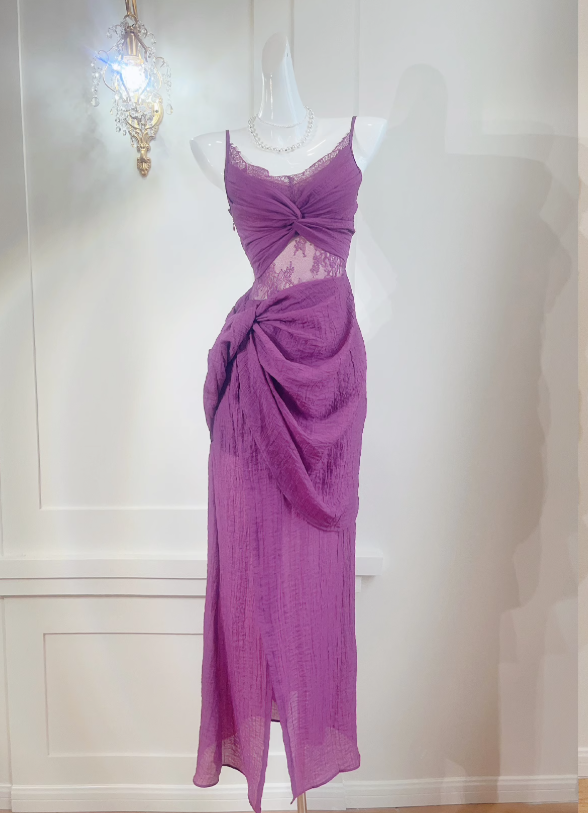 French retro lace seaside holiday purple dress ED0975