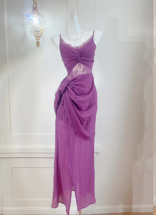 French retro lace seaside holiday purple dress ED0975