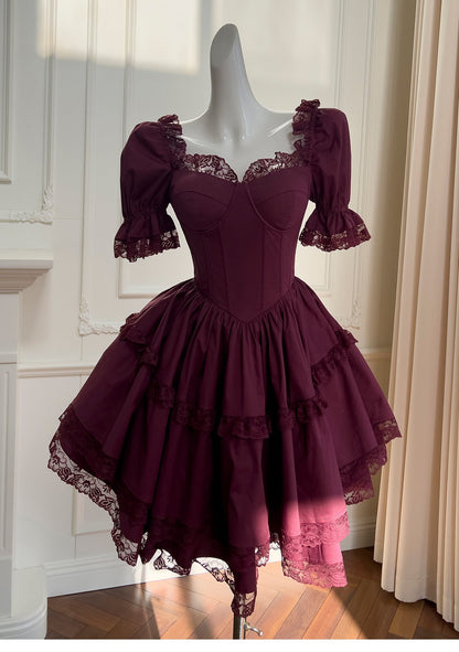 Burgundy lace short-sleeved dress, adult ceremony evening dress ED0976