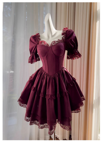 Burgundy lace short-sleeved dress, adult ceremony evening dress ED0976