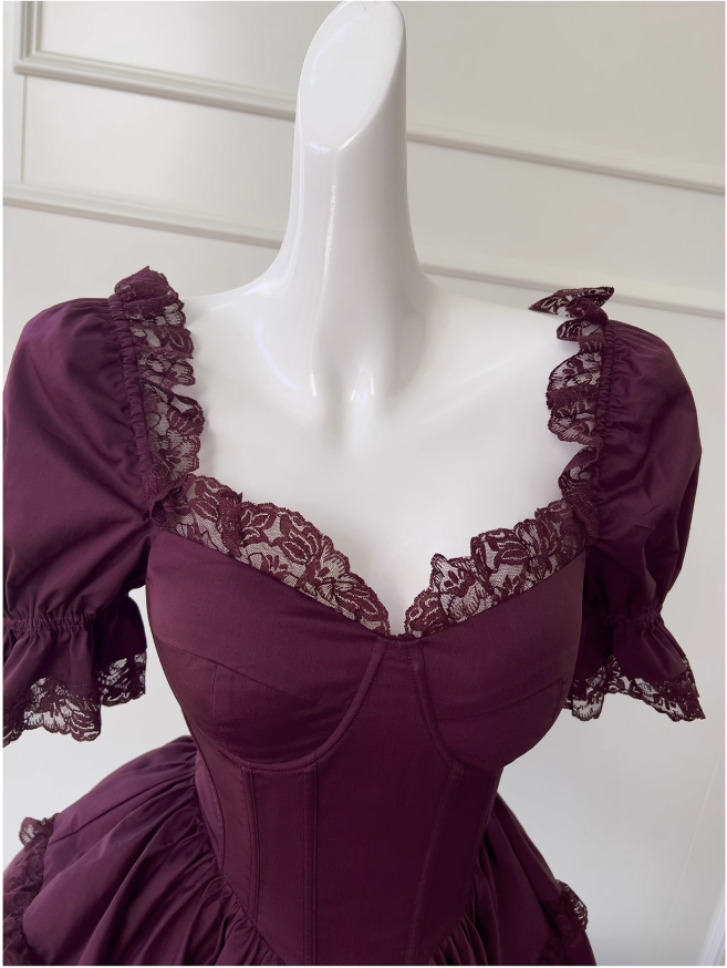 Burgundy lace short-sleeved dress, adult ceremony evening dress ED0976