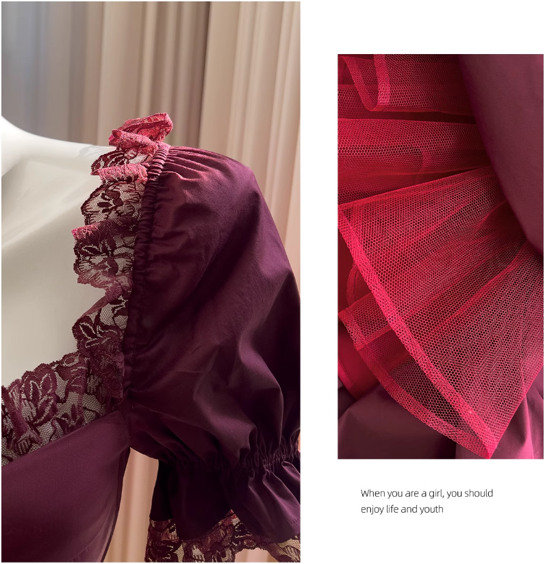 Burgundy lace short-sleeved dress, adult ceremony evening dress ED0976