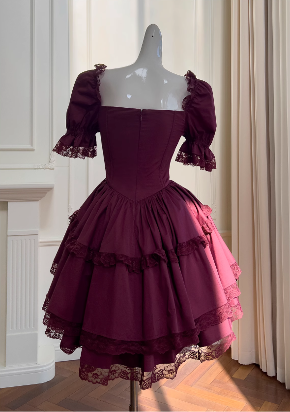 Burgundy lace short-sleeved dress, adult ceremony evening dress ED0976