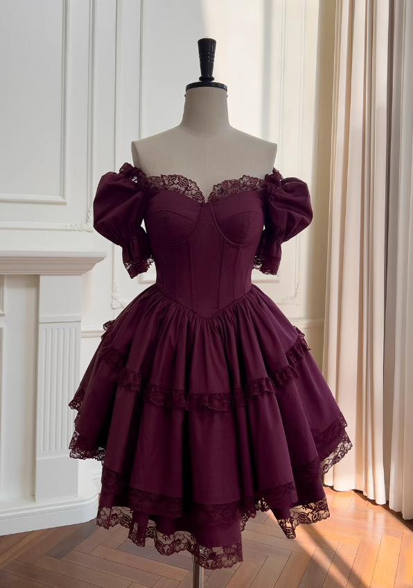 Burgundy lace short-sleeved dress, adult ceremony evening dress ED0976