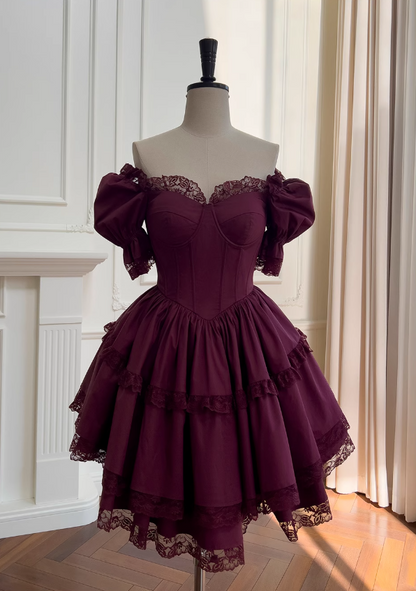 Burgundy lace short-sleeved dress, adult ceremony evening dress ED0976