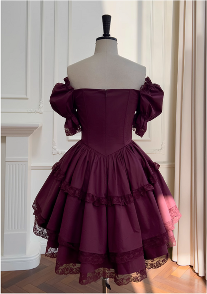 Burgundy lace short-sleeved dress, adult ceremony evening dress ED0976