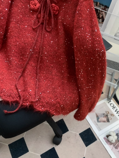 Red Sequined 3D Flower Knitted Sweater ED0988