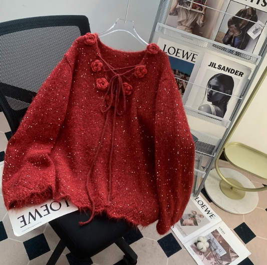 Red Sequined 3D Flower Knitted Sweater ED0988