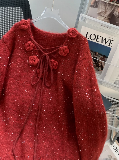 Red Sequined 3D Flower Knitted Sweater ED0988