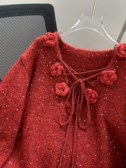 Red Sequined 3D Flower Knitted Sweater ED0988