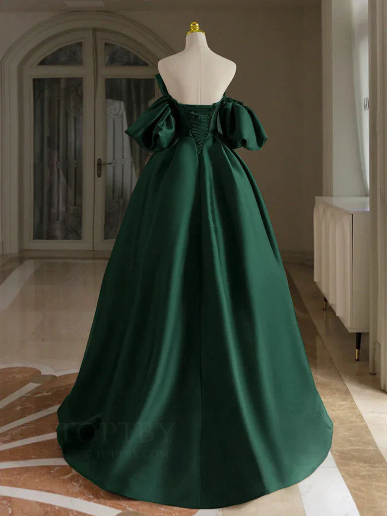 A-Line Off Shoulder Satin Green Long Prom Dress, Green Long Formal Dress ED0993