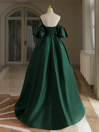A-Line Off Shoulder Satin Green Long Prom Dress, Green Long Formal Dress ED0993