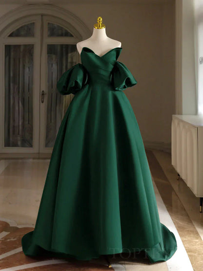 A-Line Off Shoulder Satin Green Long Prom Dress, Green Long Formal Dress ED0993