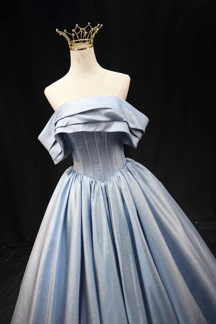 Gray Blue Satin Long Prom Dress, Elegant Off the Shoulder Evening Party Dress ED0995