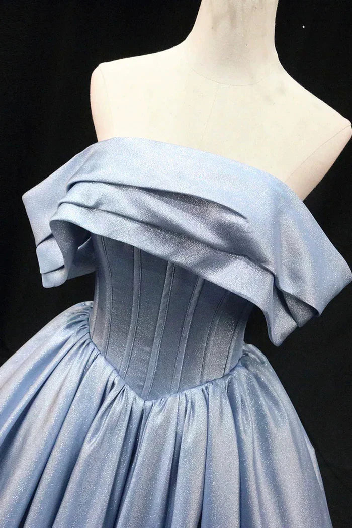 Gray Blue Satin Long Prom Dress, Elegant Off the Shoulder Evening Party Dress ED0995