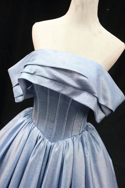 Gray Blue Satin Long Prom Dress, Elegant Off the Shoulder Evening Party Dress ED0995