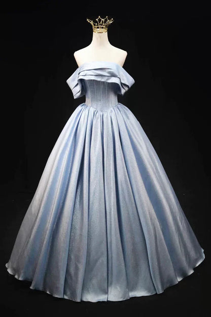 Gray Blue Satin Long Prom Dress, Elegant Off the Shoulder Evening Party Dress ED0995