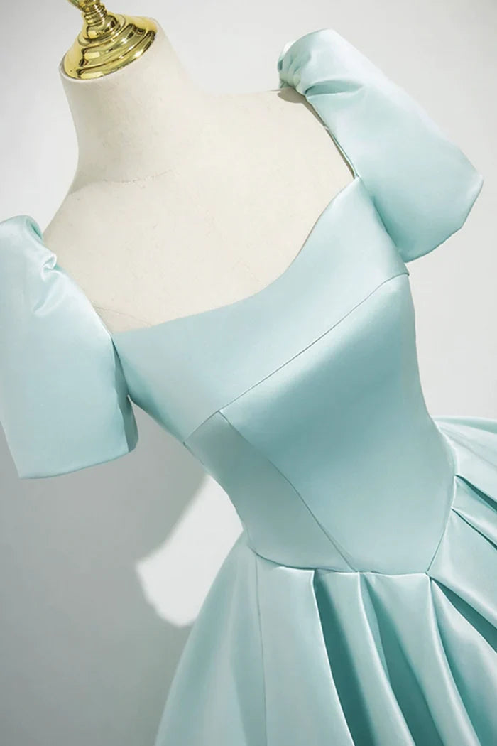 A-Line Satin Long Prom Dress, Beautiful Blue Short Sleeve Evening Party Dress ED0996