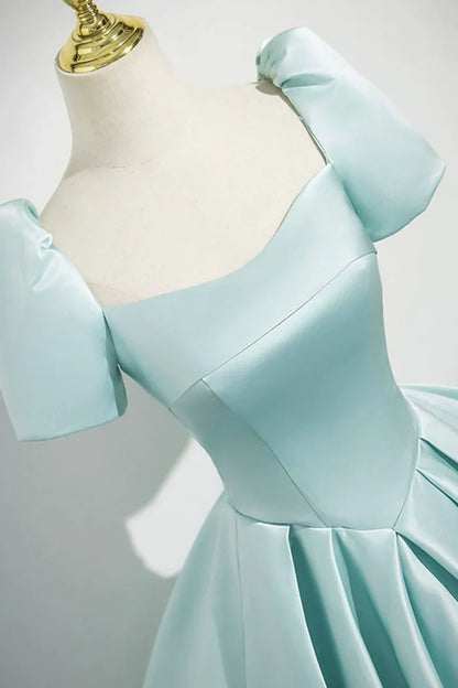 A-Line Satin Long Prom Dress, Beautiful Blue Short Sleeve Evening Party Dress ED0996