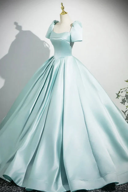 A-Line Satin Long Prom Dress, Beautiful Blue Short Sleeve Evening Party Dress ED0996