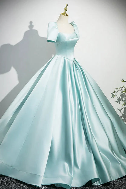A-Line Satin Long Prom Dress, Beautiful Blue Short Sleeve Evening Party Dress ED0996