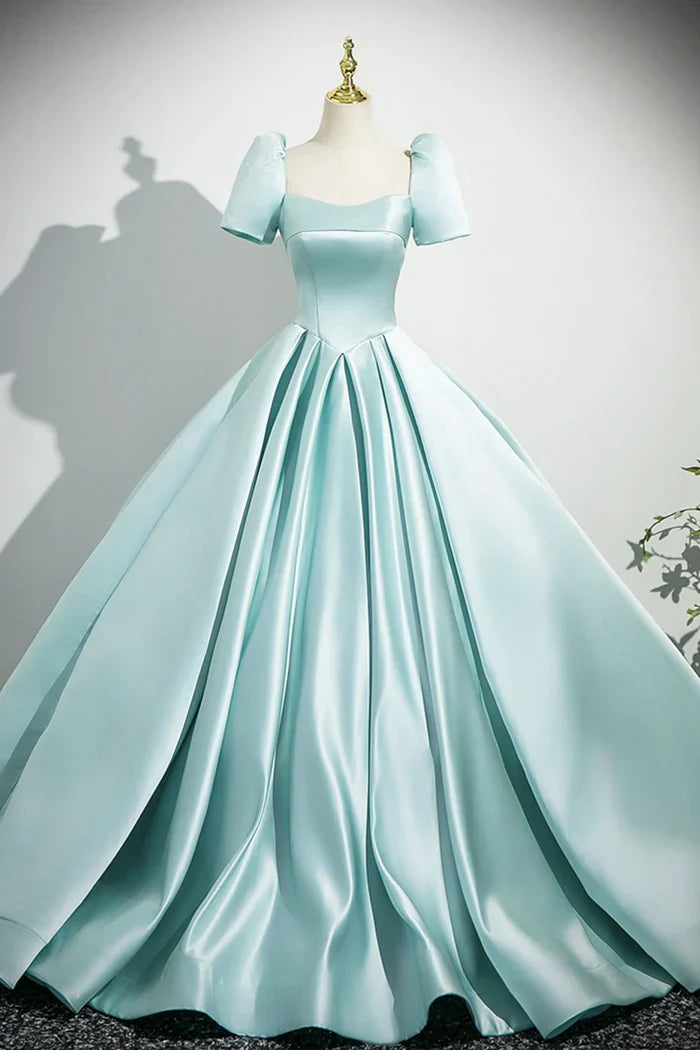 A-Line Satin Long Prom Dress, Beautiful Blue Short Sleeve Evening Party Dress ED0996