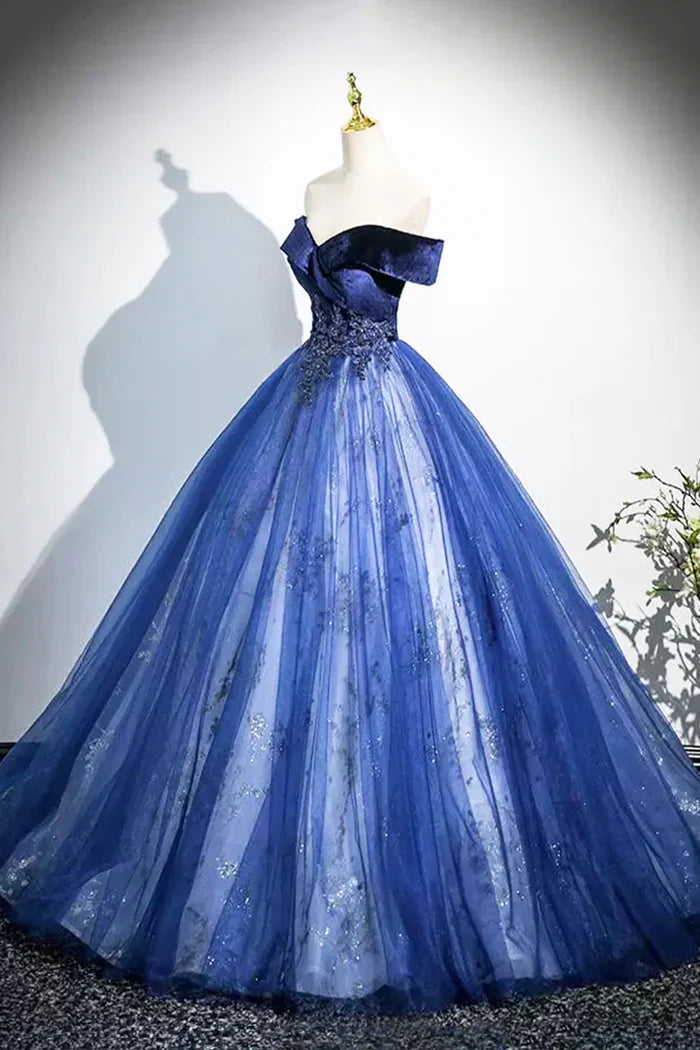 Blue A-Line Velvet Tulle Long Prom Dress, Elegant Off the Shoulder Party Dress ED0998