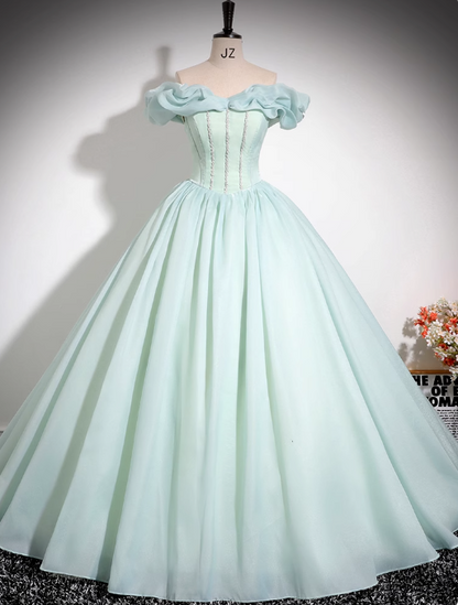 Mint Green A-line Off-shoulder Organza Beaded Long Prom Dress, Sweet 16 Dress ED01475