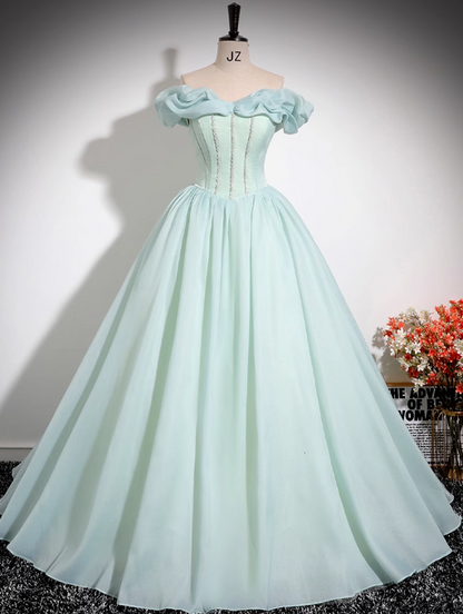 Mint Green A-line Off-shoulder Organza Beaded Long Prom Dress, Sweet 16 Dress ED01475