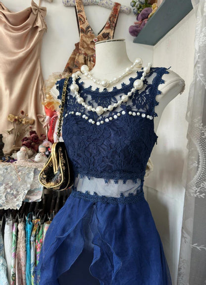 Elegant Crew Neck Tulle Mermaid Lace Applique Open Back Party Dresses ED02090