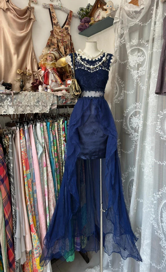 Elegant Crew Neck Tulle Mermaid Lace Applique Open Back Party Dresses ED02090