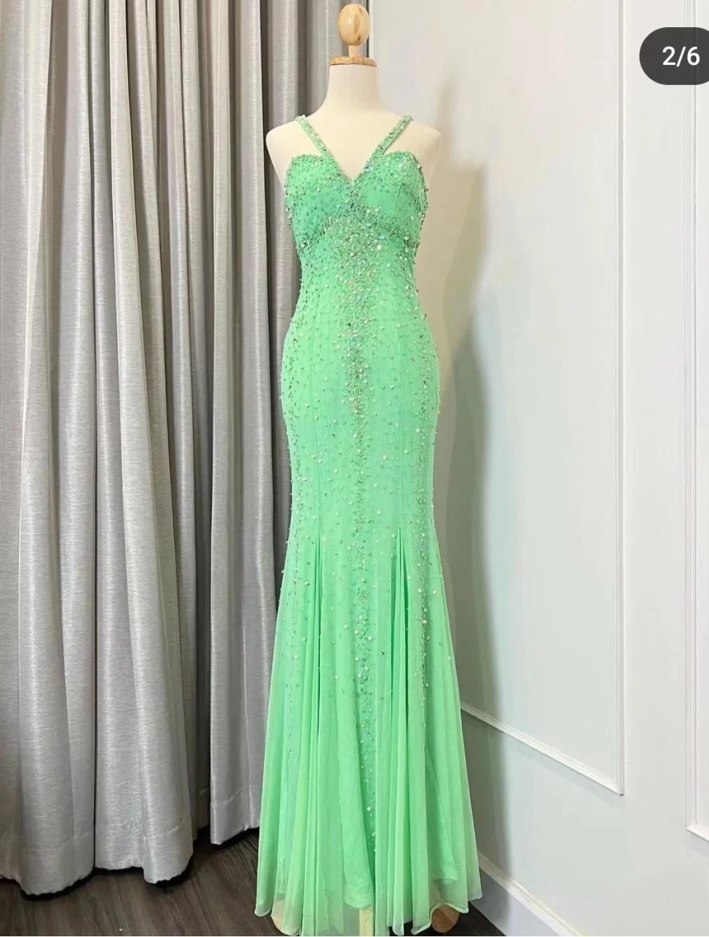 Elegant Green V-neck Mermaid Chiffon Beaded Long Prom Dress Gorgeous Evening Dress ED02091