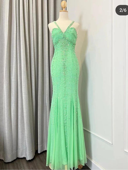 Elegant Green V-neck Mermaid Chiffon Beaded Long Prom Dress Gorgeous Evening Dress ED02091