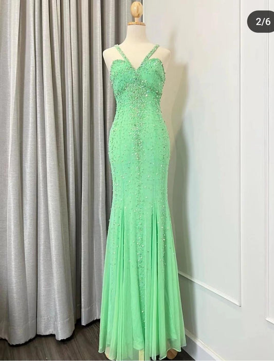 Elegant Green V-neck Mermaid Chiffon Beaded Long Prom Dress Gorgeous Evening Dress ED02091